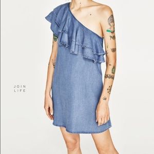 Zara denim one shoulder dress with ruffle